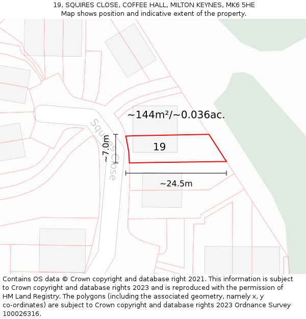 19, SQUIRES CLOSE, COFFEE HALL, MILTON KEYNES, MK6 5HE: Plot and title map