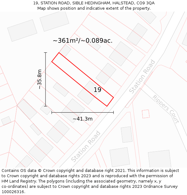 19, STATION ROAD, SIBLE HEDINGHAM, HALSTEAD, CO9 3QA: Plot and title map