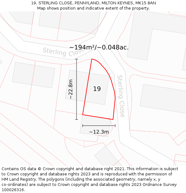 19, STERLING CLOSE, PENNYLAND, MILTON KEYNES, MK15 8AN: Plot and title map