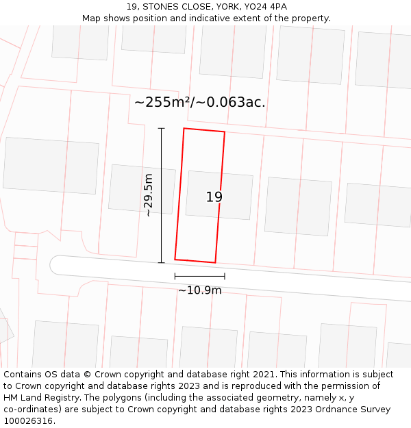 19, STONES CLOSE, YORK, YO24 4PA: Plot and title map