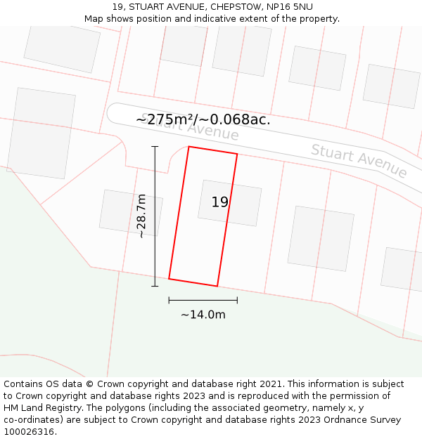 19, STUART AVENUE, CHEPSTOW, NP16 5NU: Plot and title map