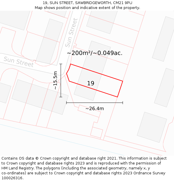 19, SUN STREET, SAWBRIDGEWORTH, CM21 9PU: Plot and title map