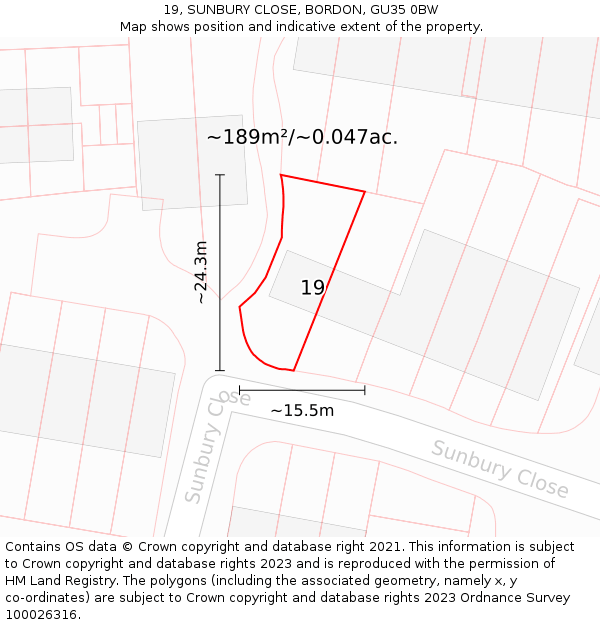 19, SUNBURY CLOSE, BORDON, GU35 0BW: Plot and title map