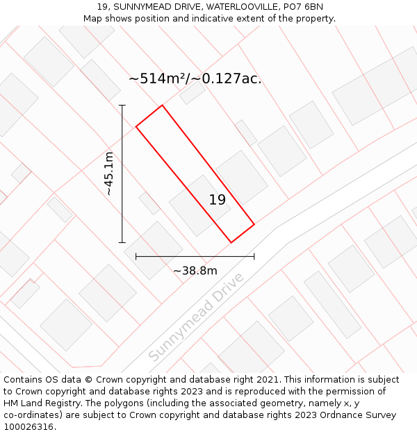 19, SUNNYMEAD DRIVE, WATERLOOVILLE, PO7 6BN: Plot and title map