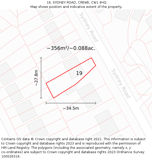 19, SYDNEY ROAD, CREWE, CW1 4HQ: Plot and title map