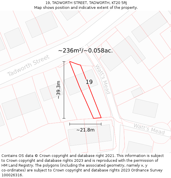 19, TADWORTH STREET, TADWORTH, KT20 5RJ: Plot and title map