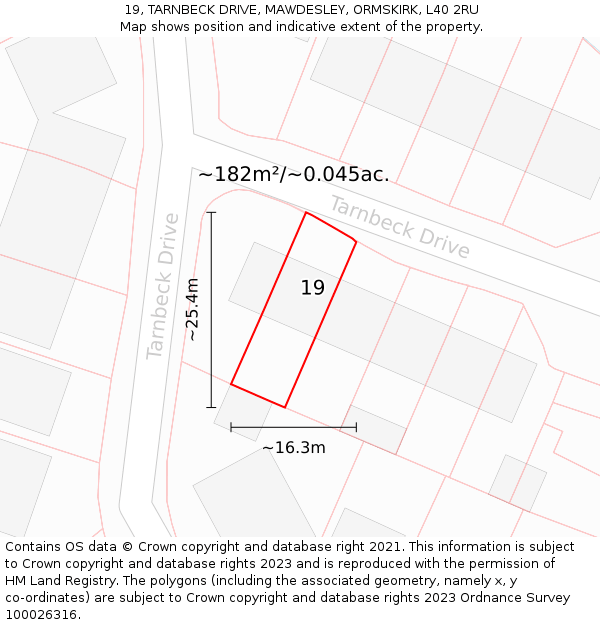 19, TARNBECK DRIVE, MAWDESLEY, ORMSKIRK, L40 2RU: Plot and title map