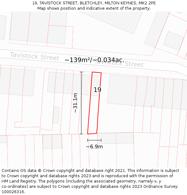 19, TAVISTOCK STREET, BLETCHLEY, MILTON KEYNES, MK2 2PE: Plot and title map