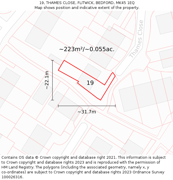19, THAMES CLOSE, FLITWICK, BEDFORD, MK45 1EQ: Plot and title map
