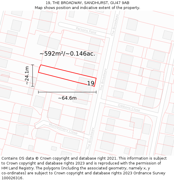 19, THE BROADWAY, SANDHURST, GU47 9AB: Plot and title map