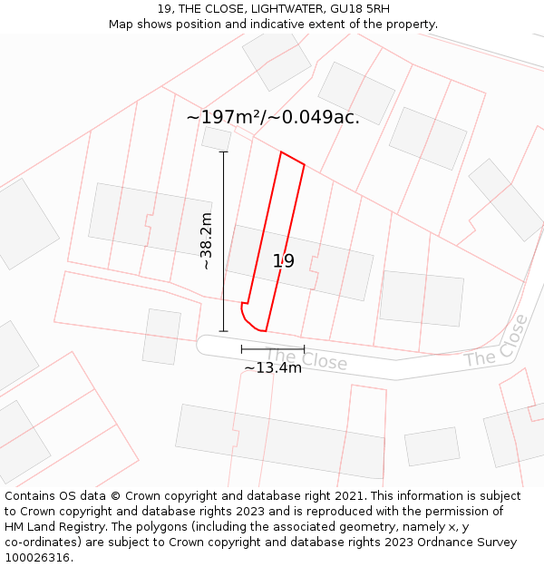 19, THE CLOSE, LIGHTWATER, GU18 5RH: Plot and title map