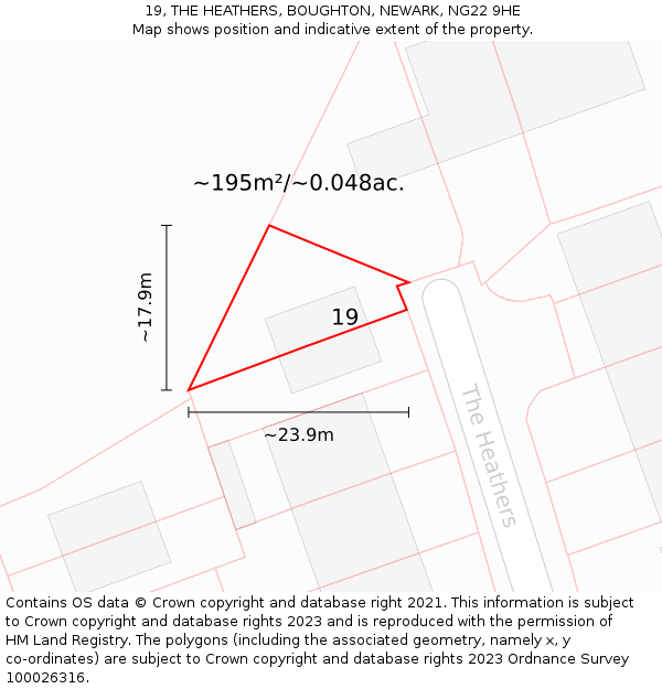 19, THE HEATHERS, BOUGHTON, NEWARK, NG22 9HE: Plot and title map