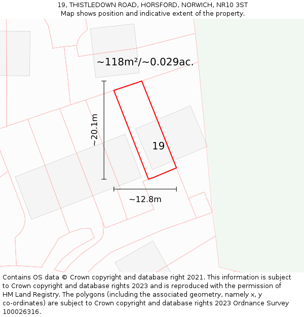 19, THISTLEDOWN ROAD, HORSFORD, NORWICH, NR10 3ST: Plot and title map