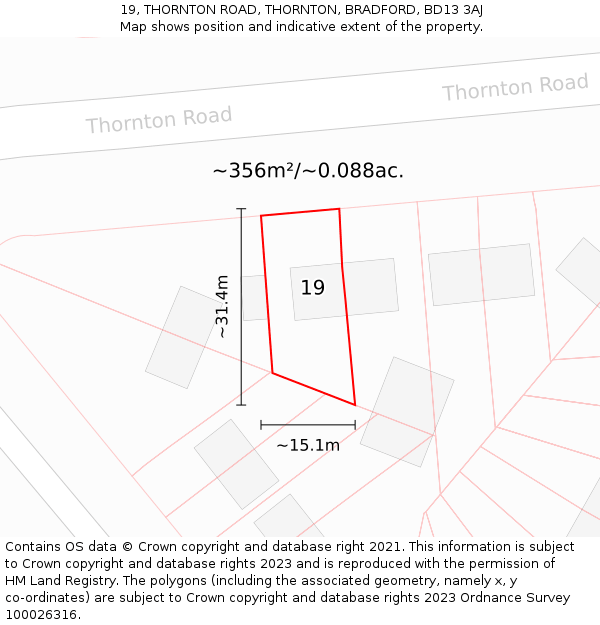 19, THORNTON ROAD, THORNTON, BRADFORD, BD13 3AJ: Plot and title map