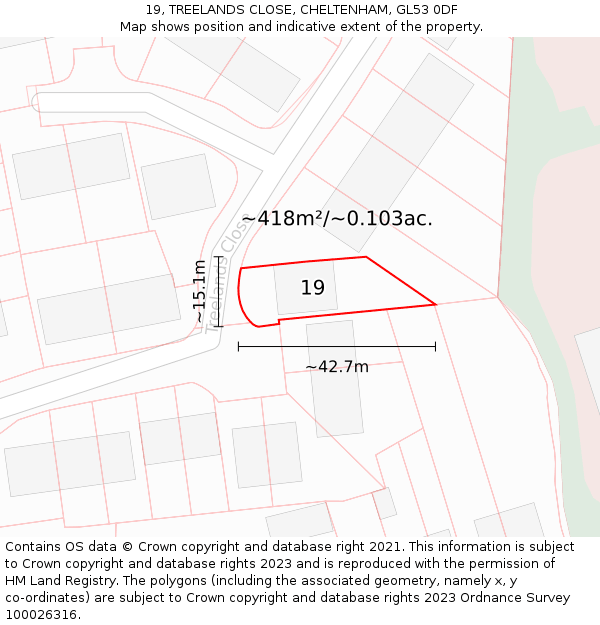 19, TREELANDS CLOSE, CHELTENHAM, GL53 0DF: Plot and title map