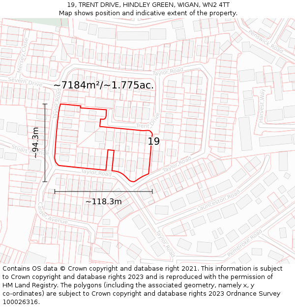 19, TRENT DRIVE, HINDLEY GREEN, WIGAN, WN2 4TT: Plot and title map