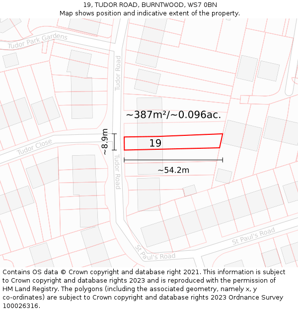 19, TUDOR ROAD, BURNTWOOD, WS7 0BN: Plot and title map