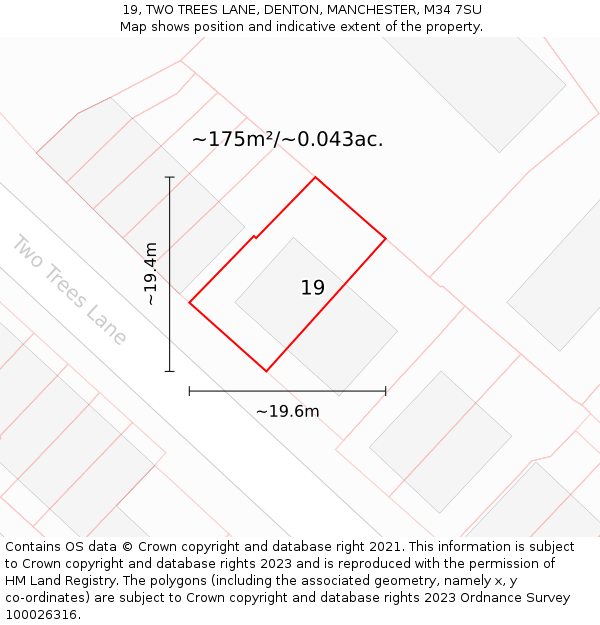 19, TWO TREES LANE, DENTON, MANCHESTER, M34 7SU: Plot and title map