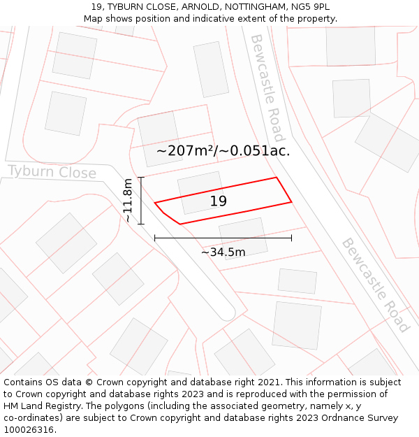 19, TYBURN CLOSE, ARNOLD, NOTTINGHAM, NG5 9PL: Plot and title map