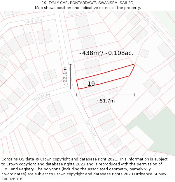 19, TYN Y CAE, PONTARDAWE, SWANSEA, SA8 3DJ: Plot and title map