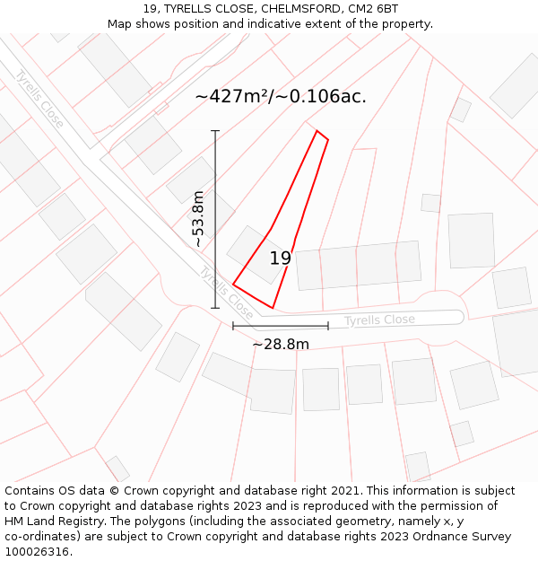 19, TYRELLS CLOSE, CHELMSFORD, CM2 6BT: Plot and title map