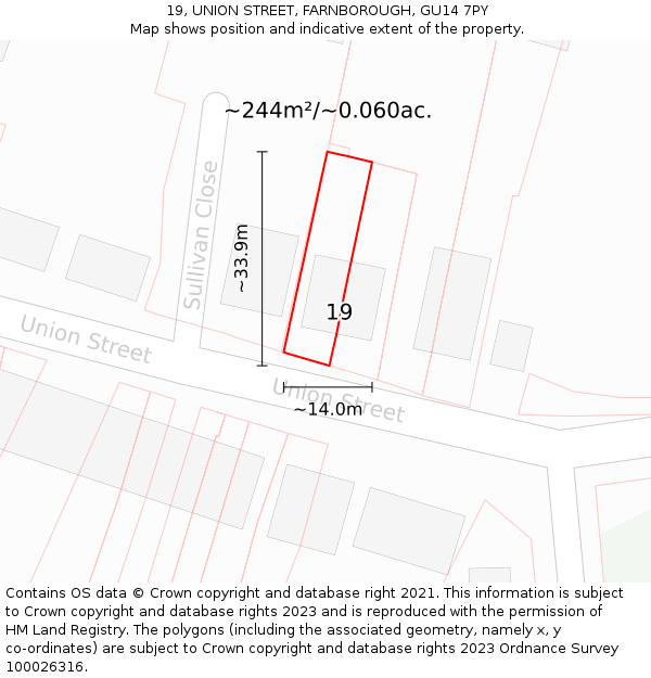 19, UNION STREET, FARNBOROUGH, GU14 7PY: Plot and title map