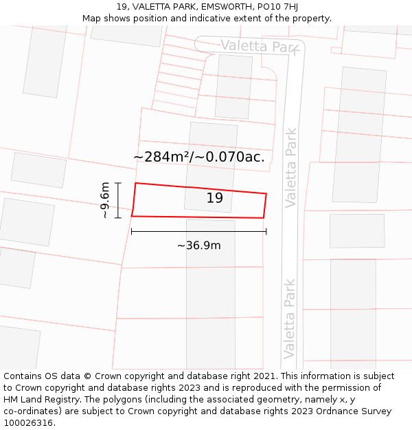 19, VALETTA PARK, EMSWORTH, PO10 7HJ: Plot and title map