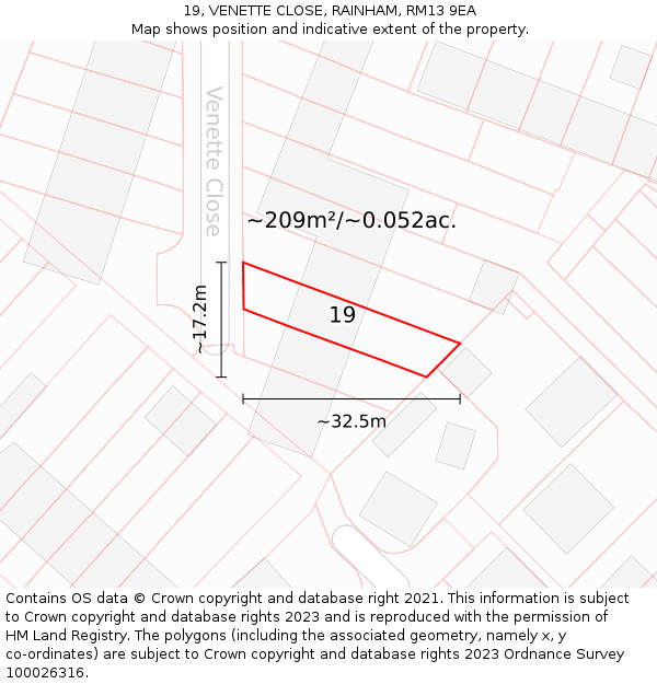 19, VENETTE CLOSE, RAINHAM, RM13 9EA: Plot and title map