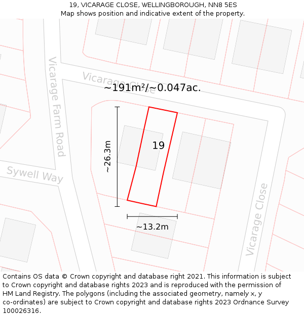 19, VICARAGE CLOSE, WELLINGBOROUGH, NN8 5ES: Plot and title map