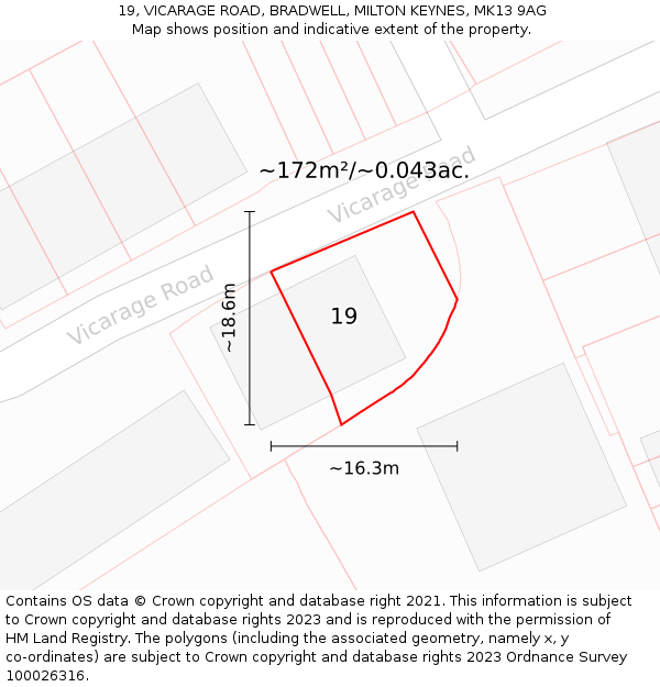 19, VICARAGE ROAD, BRADWELL, MILTON KEYNES, MK13 9AG: Plot and title map