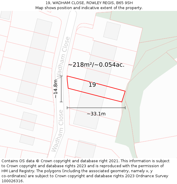 19, WADHAM CLOSE, ROWLEY REGIS, B65 9SH: Plot and title map