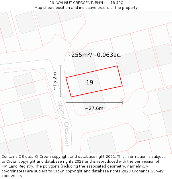 19, WALNUT CRESCENT, RHYL, LL18 4PQ: Plot and title map