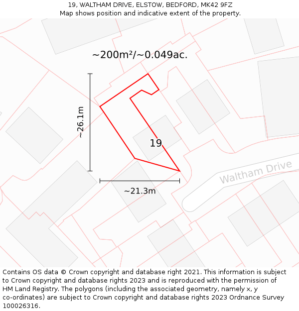 19, WALTHAM DRIVE, ELSTOW, BEDFORD, MK42 9FZ: Plot and title map