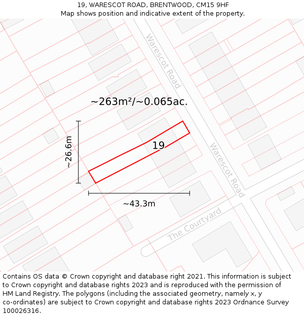 19, WARESCOT ROAD, BRENTWOOD, CM15 9HF: Plot and title map