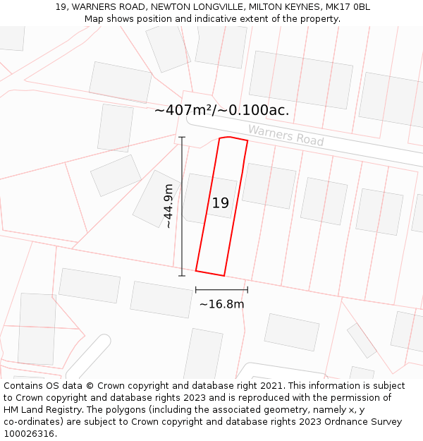 19, WARNERS ROAD, NEWTON LONGVILLE, MILTON KEYNES, MK17 0BL: Plot and title map