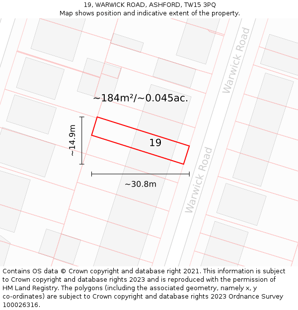 19, WARWICK ROAD, ASHFORD, TW15 3PQ: Plot and title map