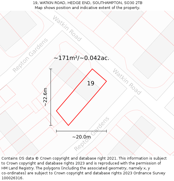 19, WATKIN ROAD, HEDGE END, SOUTHAMPTON, SO30 2TB: Plot and title map