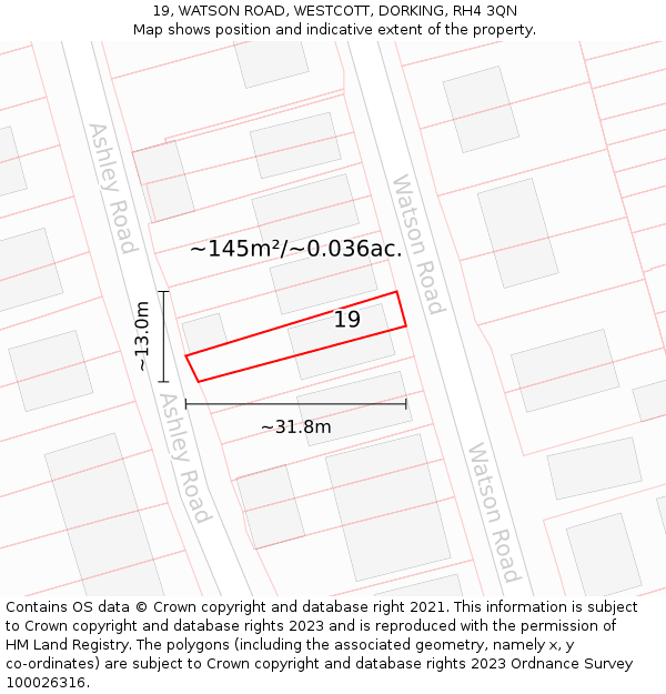 19, WATSON ROAD, WESTCOTT, DORKING, RH4 3QN: Plot and title map