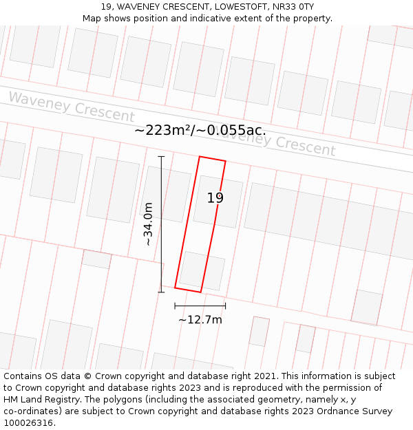 19, WAVENEY CRESCENT, LOWESTOFT, NR33 0TY: Plot and title map