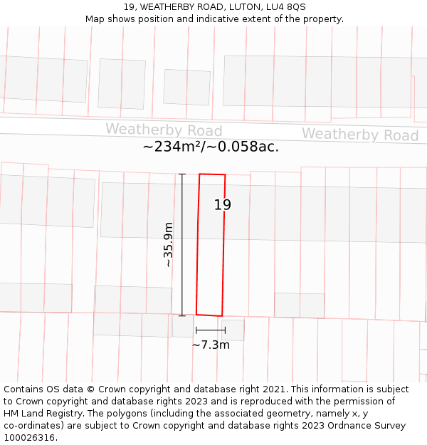 19, WEATHERBY ROAD, LUTON, LU4 8QS: Plot and title map