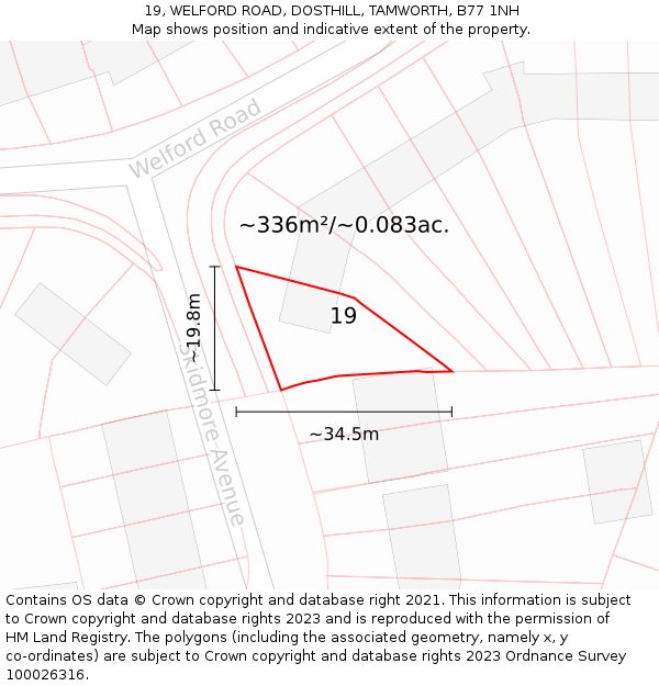 19, WELFORD ROAD, DOSTHILL, TAMWORTH, B77 1NH: Plot and title map