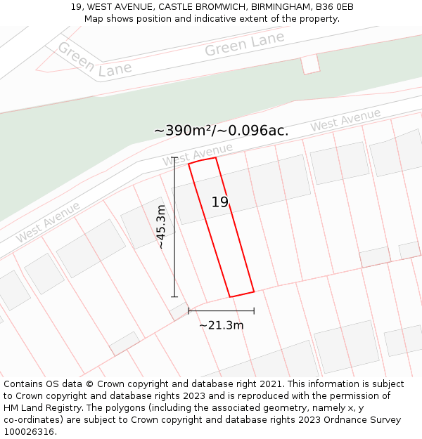 19, WEST AVENUE, CASTLE BROMWICH, BIRMINGHAM, B36 0EB: Plot and title map