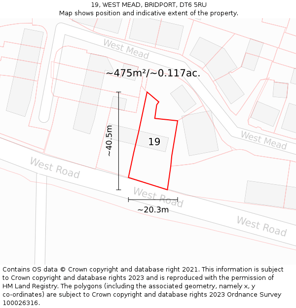 19, WEST MEAD, BRIDPORT, DT6 5RU: Plot and title map