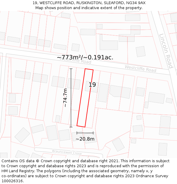 19, WESTCLIFFE ROAD, RUSKINGTON, SLEAFORD, NG34 9AX: Plot and title map