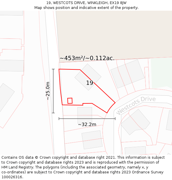 19, WESTCOTS DRIVE, WINKLEIGH, EX19 8JW: Plot and title map