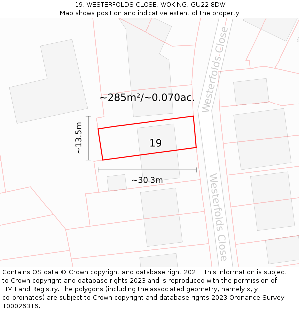 19, WESTERFOLDS CLOSE, WOKING, GU22 8DW: Plot and title map