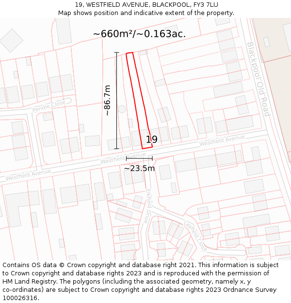 19, WESTFIELD AVENUE, BLACKPOOL, FY3 7LU: Plot and title map