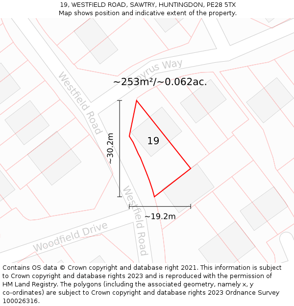 19, WESTFIELD ROAD, SAWTRY, HUNTINGDON, PE28 5TX: Plot and title map