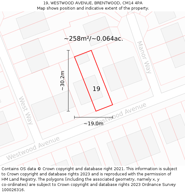 19, WESTWOOD AVENUE, BRENTWOOD, CM14 4PA: Plot and title map