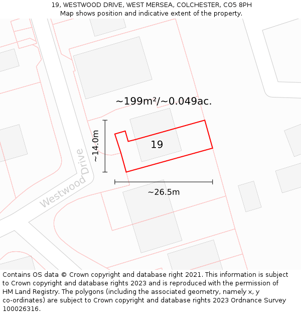 19, WESTWOOD DRIVE, WEST MERSEA, COLCHESTER, CO5 8PH: Plot and title map